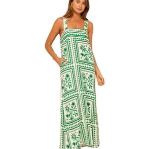 Anthropologie x Mon Renn Green and White Tropical Linen Blend Maxi Dress